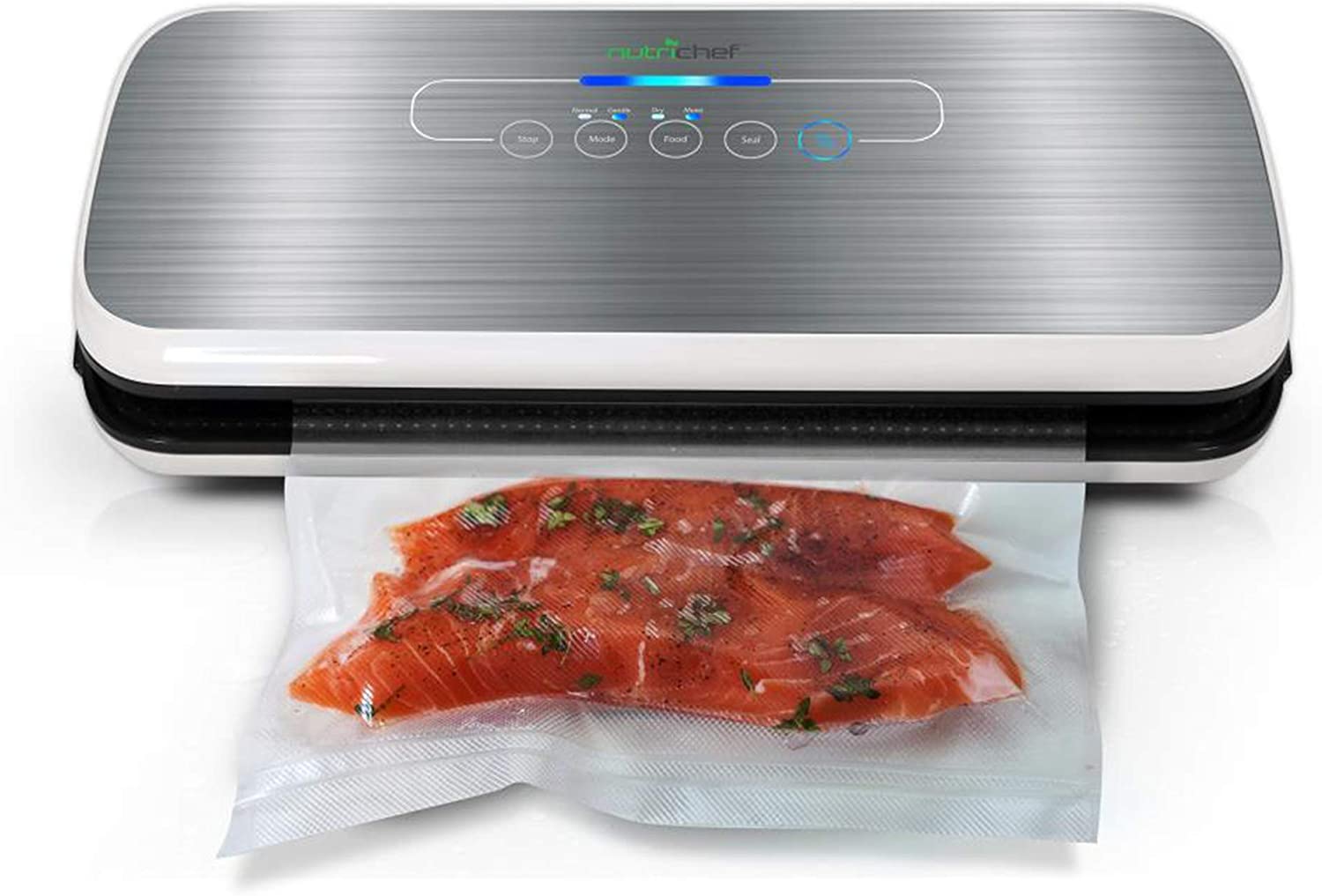 NutriChef PKVS Sealer | Automatic Vacuum Air Sealing System Preservation w/Starter Kit | Compact Design | Lab Tested | Dry & Moist Food Modes | Led Indicator Lights, 12", Silver