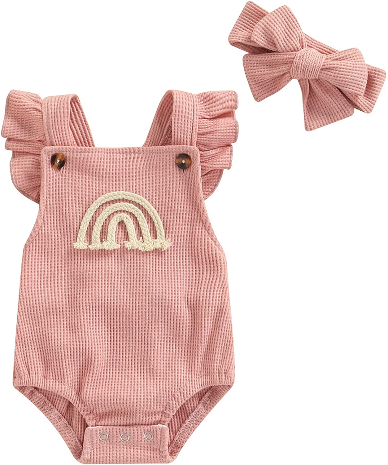 Newborn Baby Boy Girls Clothes Infant Rainbow Romper Waffle Ruffled Sleeveless Backless Bodysuit Jumpsuit Headband Outfit