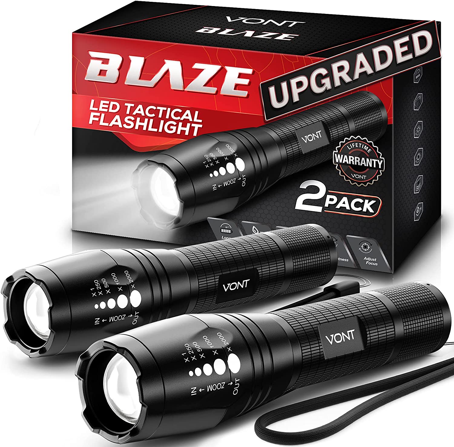 Vont LED Tactical Flashlight, [2 Pack] 2X Longer Battery Life, 5 Modes, High Lumen, Adjustable, Zoomable,Waterproof, Lightweight,Bright Flashlights/Flash Light Gear/Accessories/Supplies for Camping