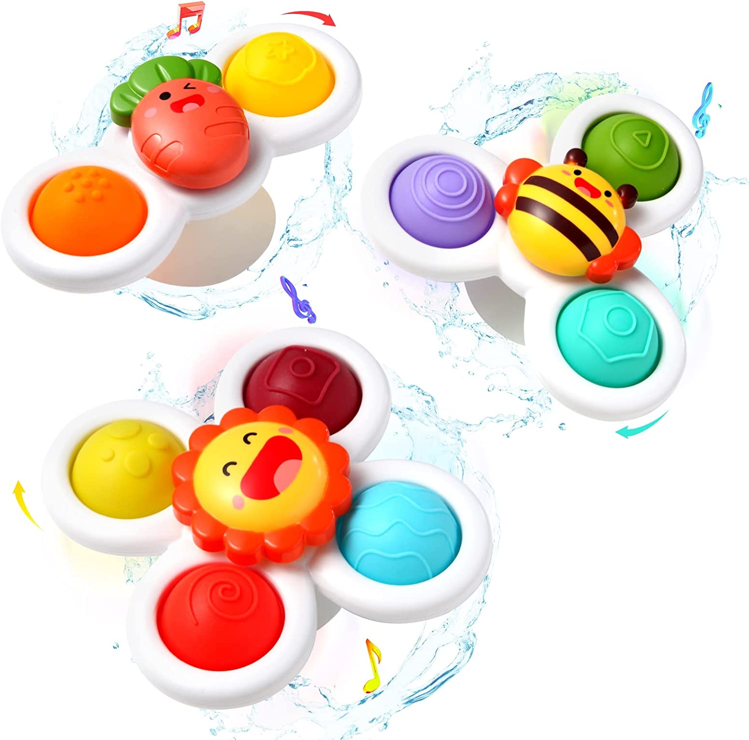 Hooku 3 Pcs Suction Cup Spinner Toys, Baby Fidget Spinner Toy, Spinning Toys for Toddlers 1-3, Sensory Toys Early Education Toys Bathtub Toy Dining Chairs Toys, Birthday Gifts for Baby Boy Girl