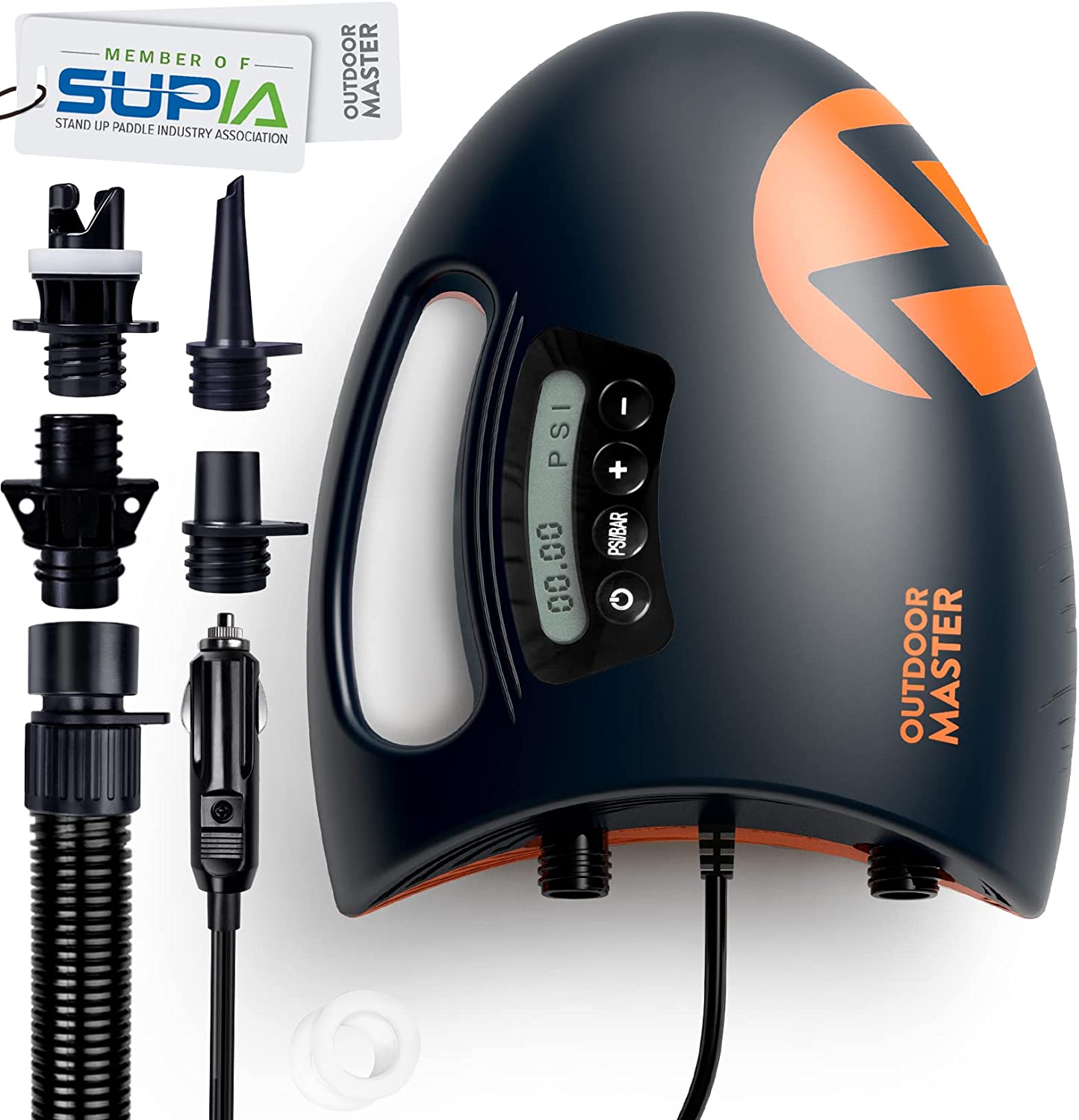 OutdoorMaster 20PSI High Pressure SUP Air Pump The Shark - Intelligent Dual Stage Inflation & Auto-Off Feature, Deflation Function, 12V DC Car Connector, for Inflatable Stand Up Paddle Boards, Boats