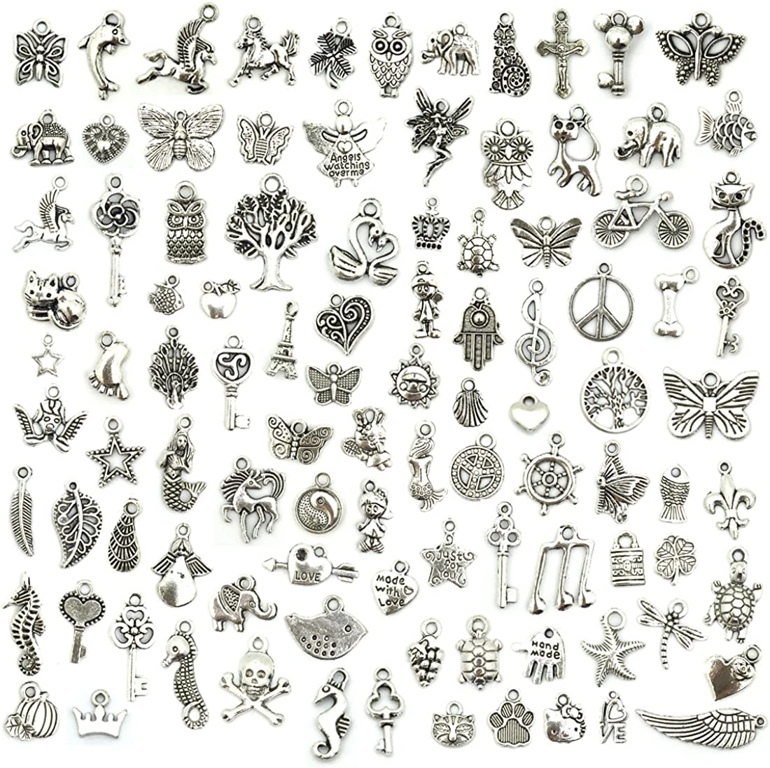 Wholesale Bulk Lots Jewelry Making Silver Charms Mixed Smooth Tibetan Silver Metal Charms Pendants DIY for Necklace Bracelet Jewelry Making and Crafting, JIALEEY 100 PCS