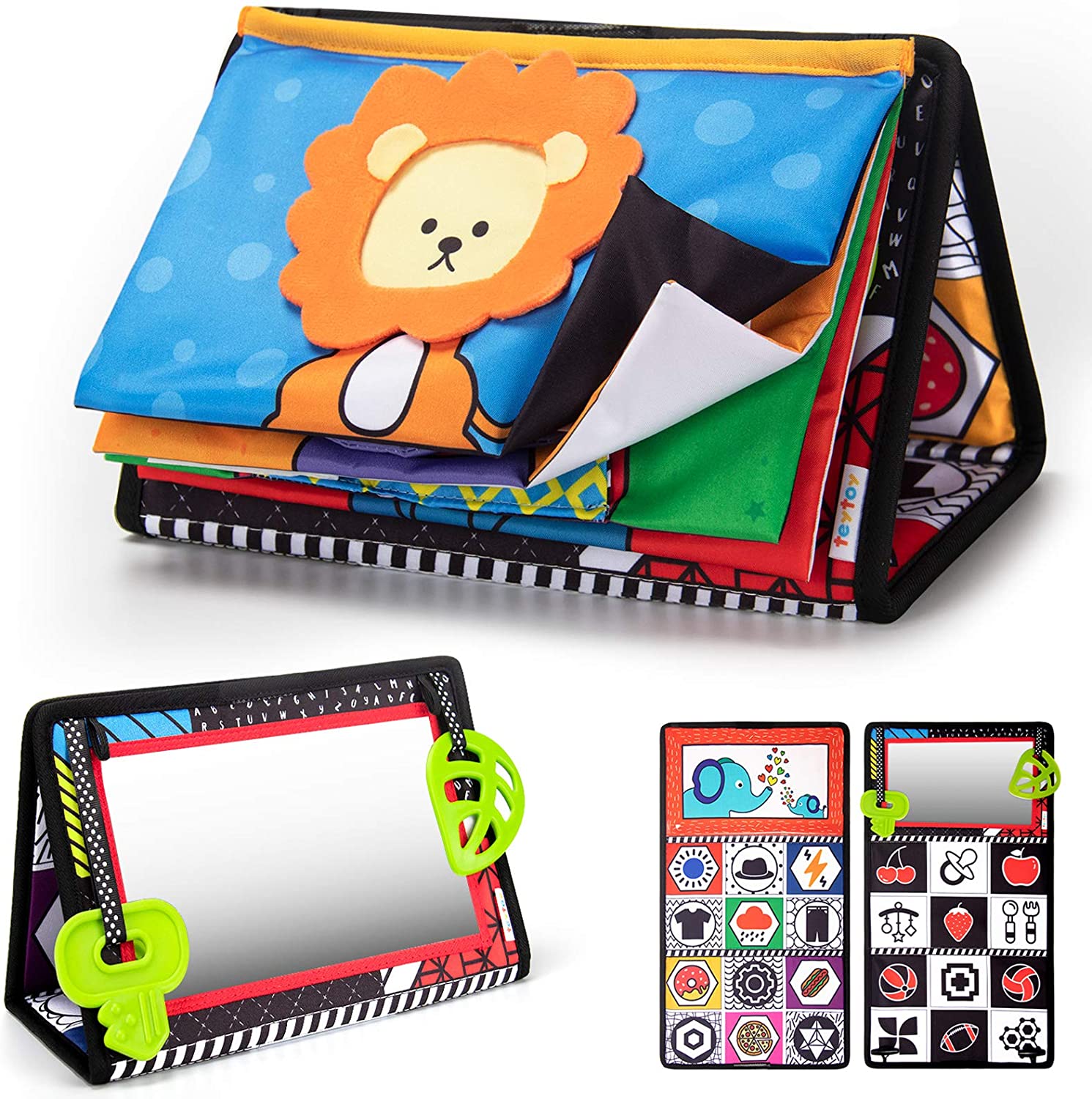 teytoy Tummy Time Floor Mirror with Crinkle Cloth Book and Teethers, High Contrast Black and White Baby Toys, Developmental Montessori Sensory Crawling Toy for Newborn Infant Toddler 0 3 6 Months Gift