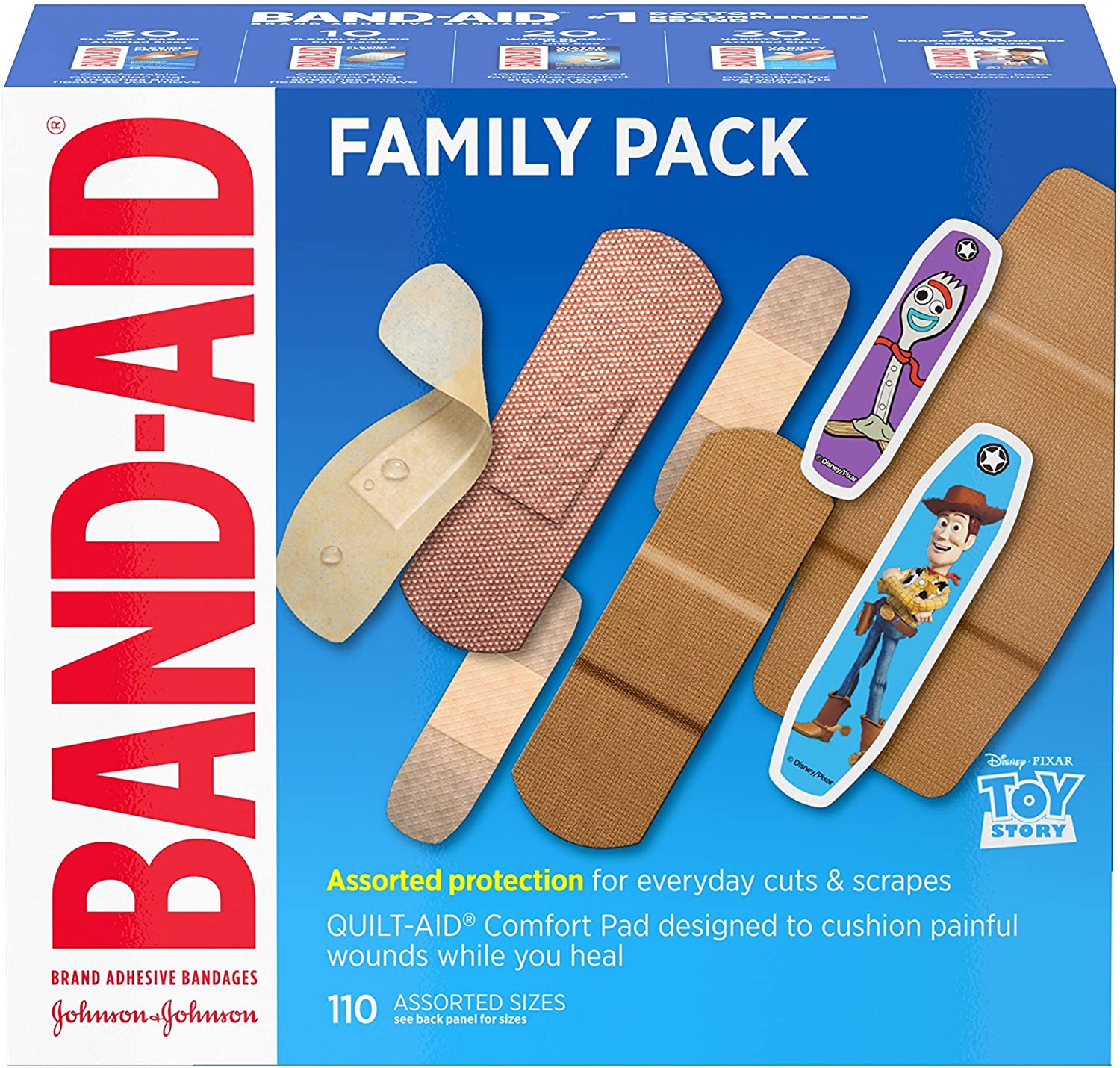 Band-Aid Adhesive Bandage Family Variety Pack in Assorted Sizes Featuring Water Block & Skin Flex, Flexible Fabric, Tough Strips & Pixar Character Bandages, 110 Count