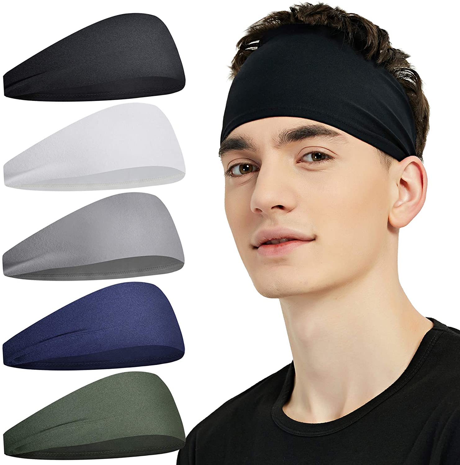 Pilamor Sports Headbands for Men (5 Pack),Moisture Wicking Workout Headband, Sweatband Headbands for Running,Cycling,Football,Yoga,Hairband for Women and Men