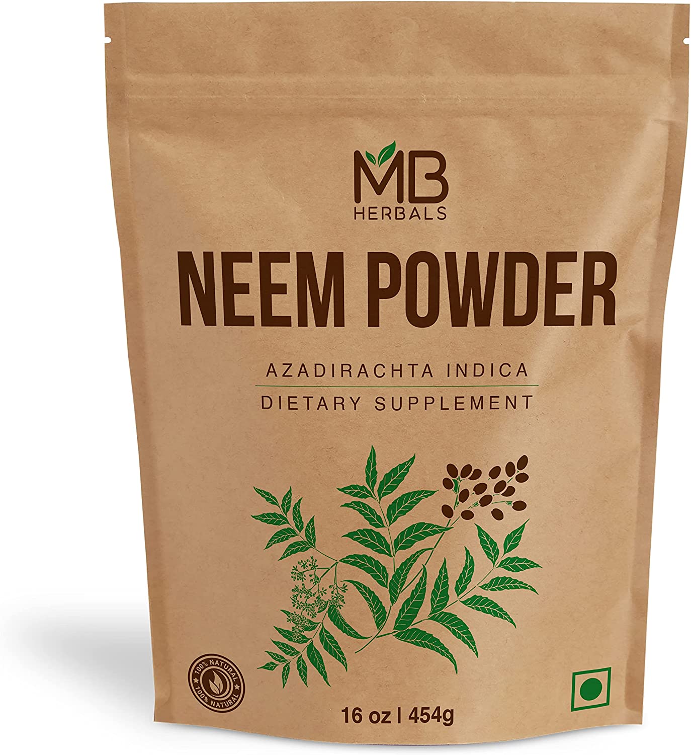 MB Herbals Pure Neem Powder 1 Pound | 16 Oz | 454 Gram | Wild Crafted Neem Leaf Powder | Very Bitter Neem Supplement for Skin Hair and Detox | Azadirachta Indica