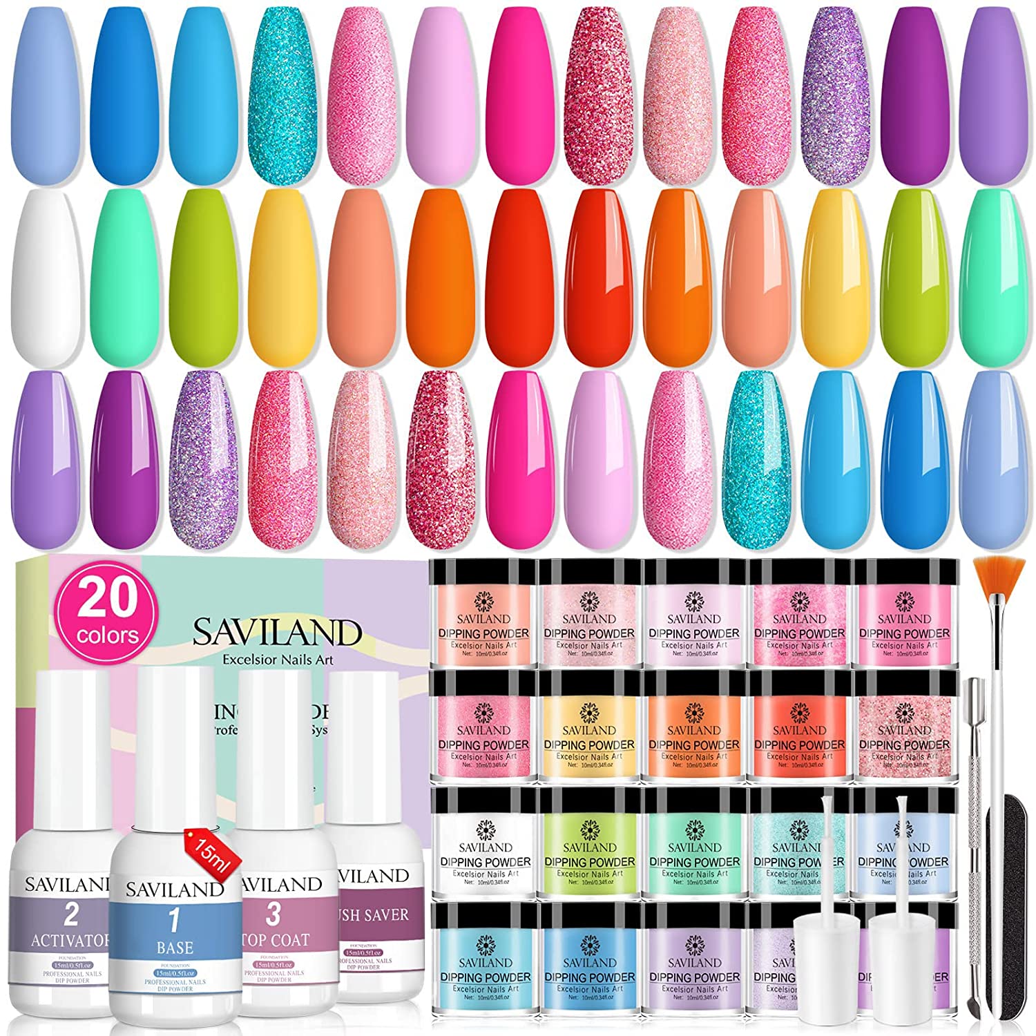 Saviland 29 Pcs Dip Powder Nail Kit - 20 Colors Dipping Powder Set All Season Nail Dip Powder Kit System & 15ml Liquid Set with Base Top Coat Activator Brush Saver for Nail Beginners and Professionals
