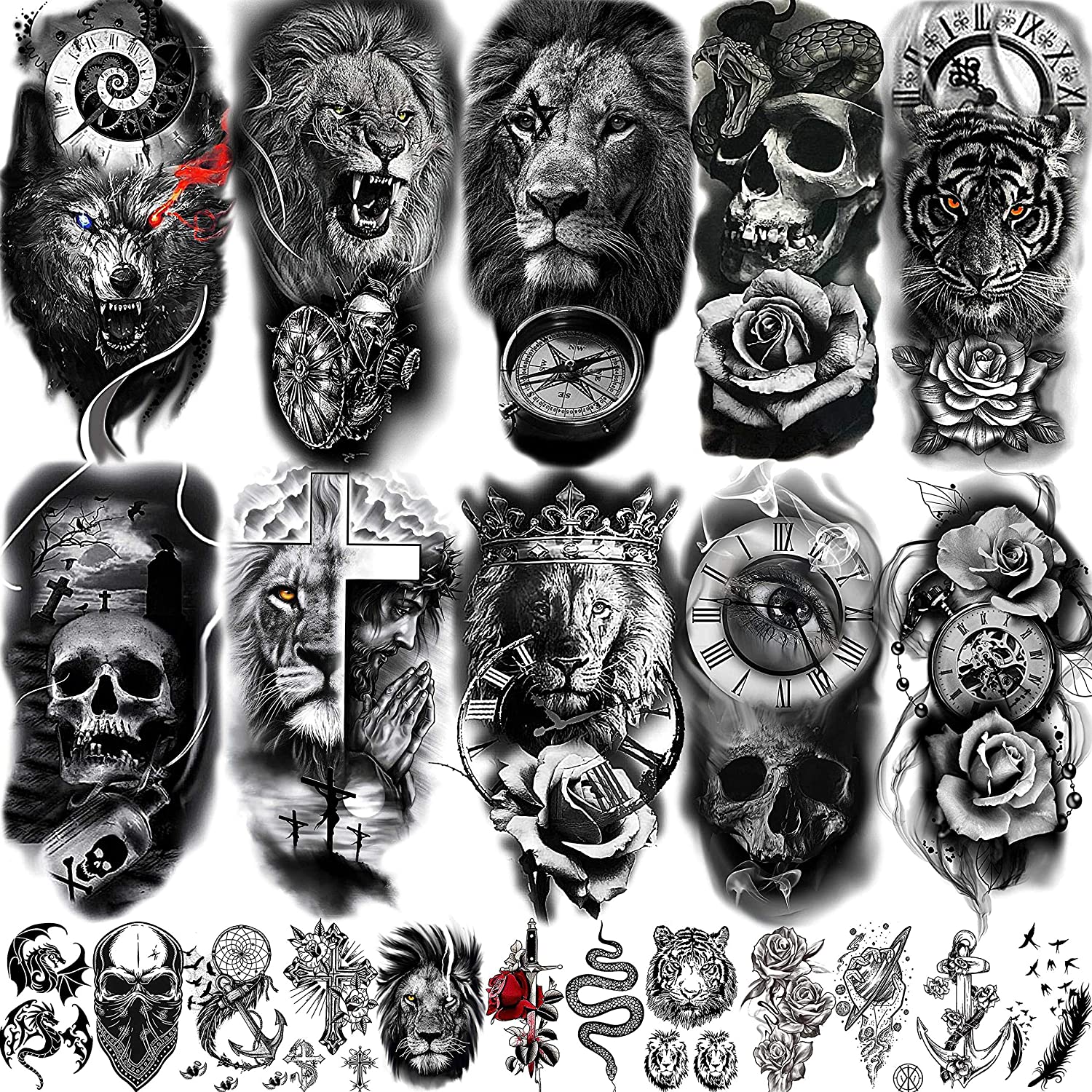 COKTAK 22 Sheets 3D Forearm Half Sleeve Temporary Tattoos For Men Women Adults, Large Tribal Lion Warrior Tiger Wolf Flower Skull Fake Tattoo Stickers Halloween, Black 3D Realistic Tatoo Rose Animals