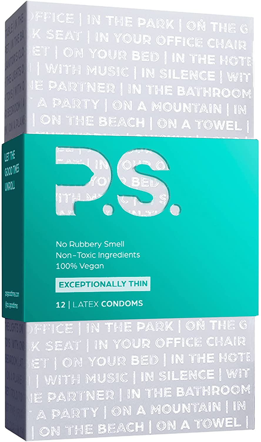 PS Condoms Exceptionally Thin Latex Condoms for Men - Odorless and 100% Vegan - Ultra Thin Lubricated Condom - 40% Thinner and Transparent - 12 Pack