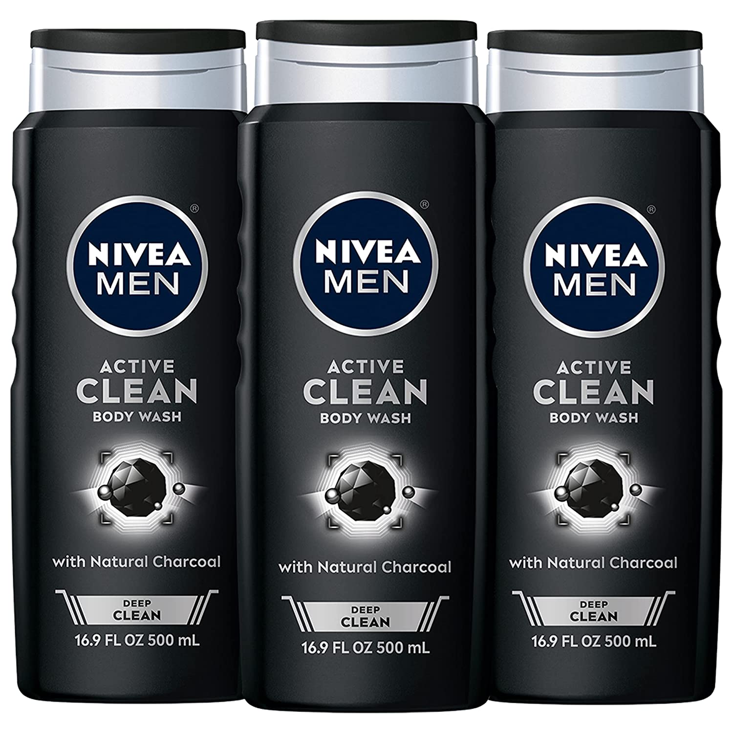 NIVEA MEN DEEP Active Clean Charcoal Body Wash, Cleansing Body Wash with Natural Charcoal, 3 Pack of 16.9 Fl Oz Bottles
