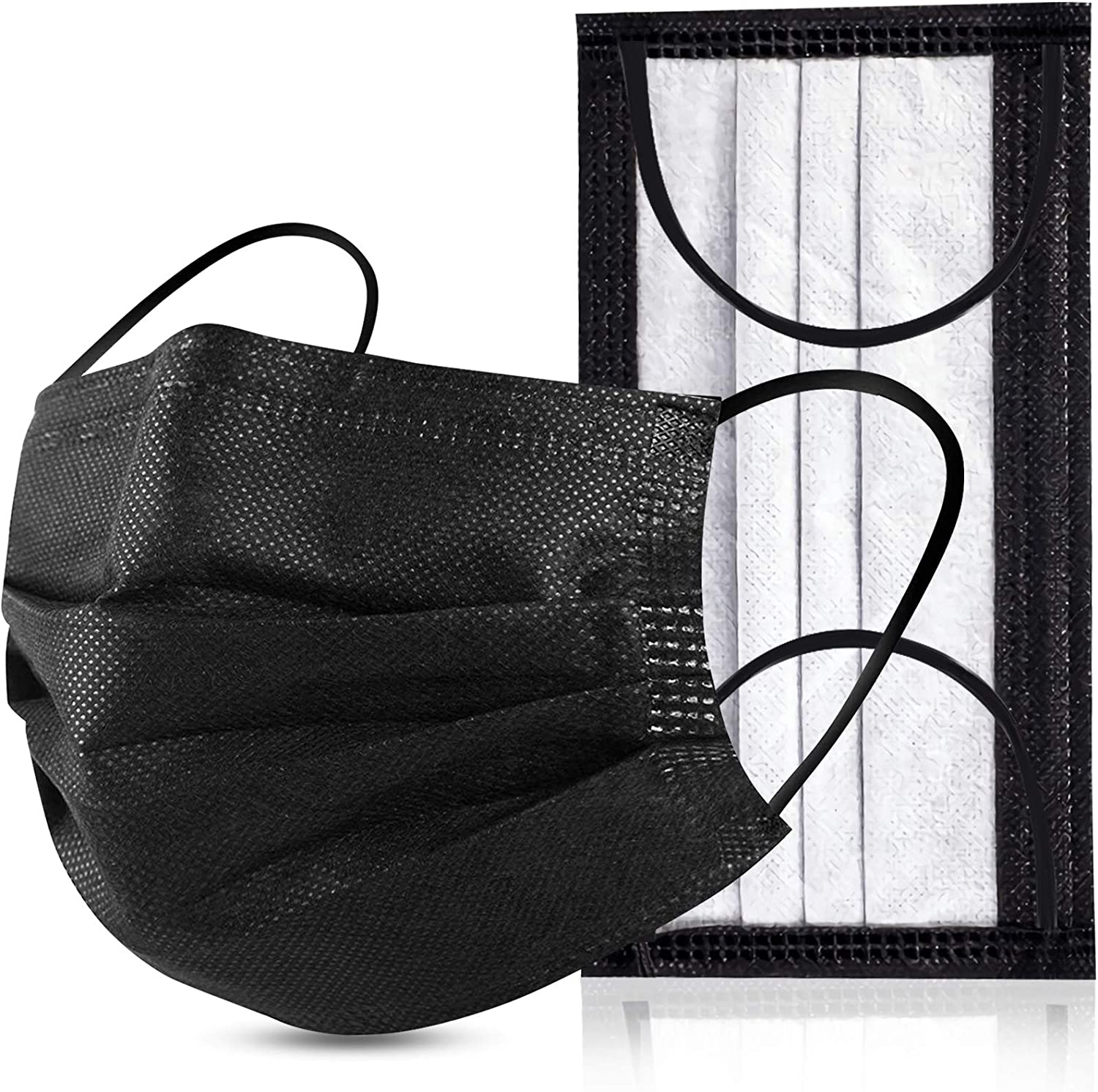 Black Disposable Face Masks 4 Layers Protection 50Pcs, Breathable Dust Mask Mouth Covers for Adult