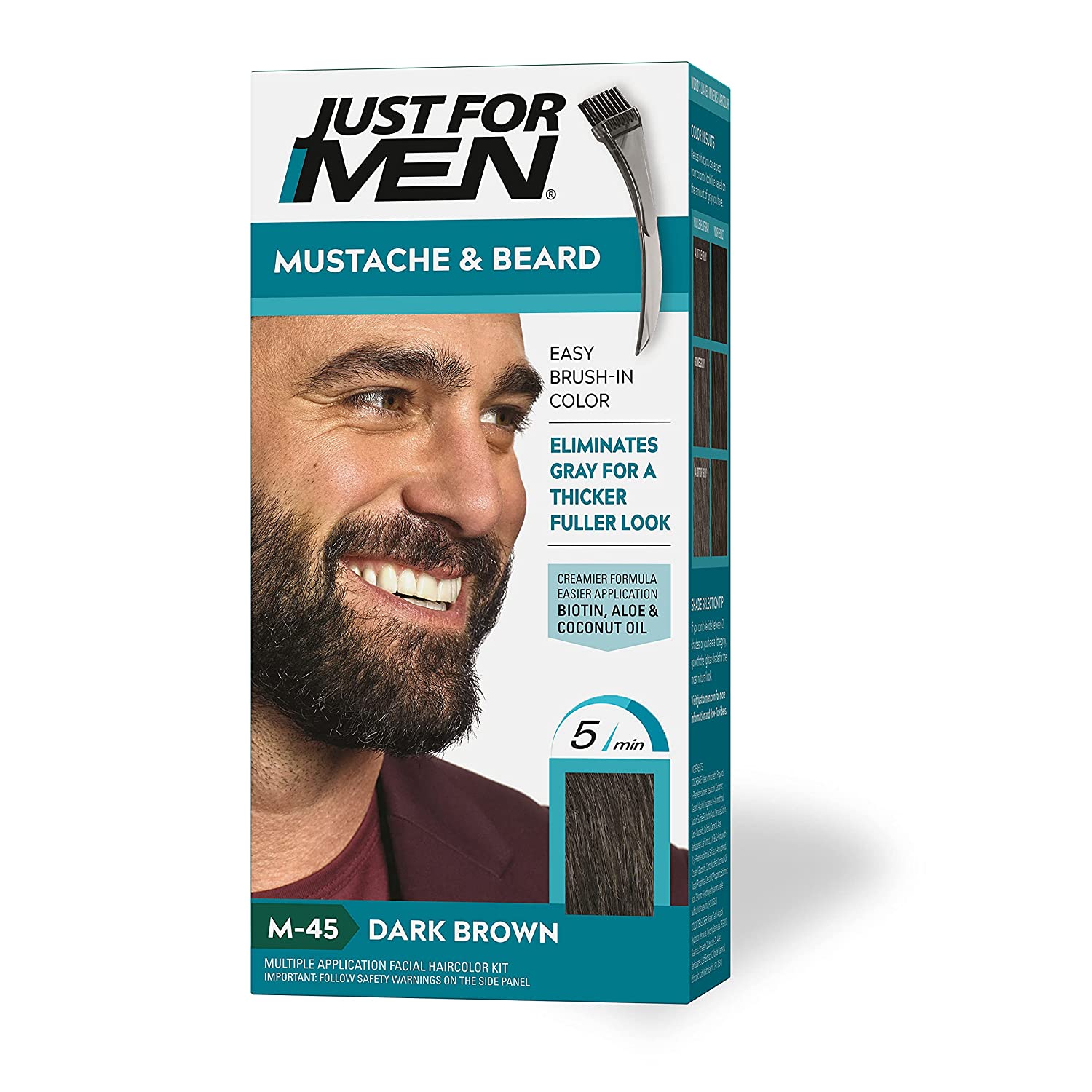 Just For Men Mustache & Beard, Beard Coloring for Gray Hair with Brush Included for Easy Application, With Biotin Aloe and Coconut Oil for Healthy Facial Hair - Dark Brown, M-45