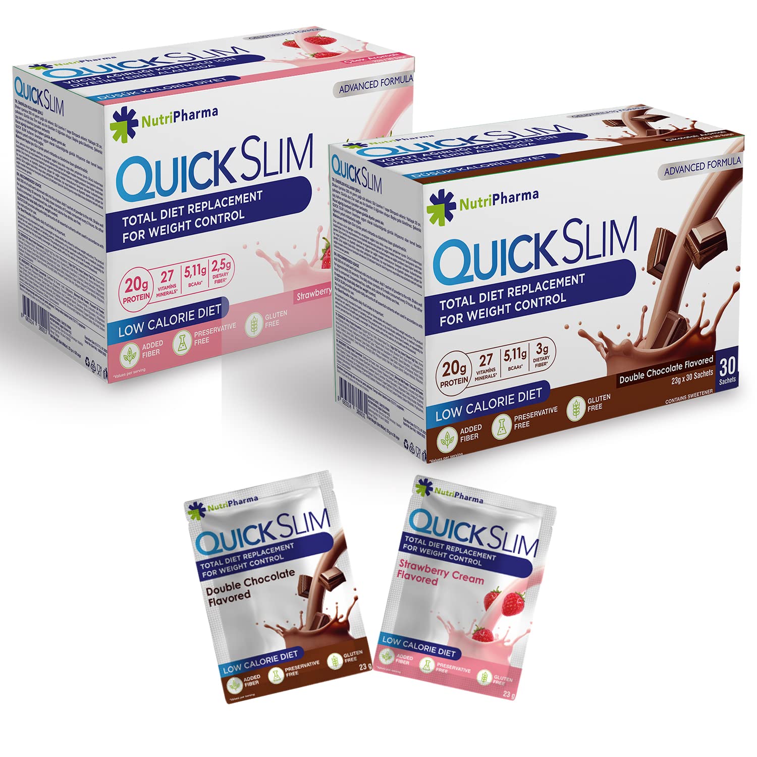 Quick Slim Meal Replacement Shake, Double Chocolate Flavored, Strawberry Cream Flavored, Weight Loss Shake, 20 g Protein, 60 Servings (30 sachets x 2 packs)