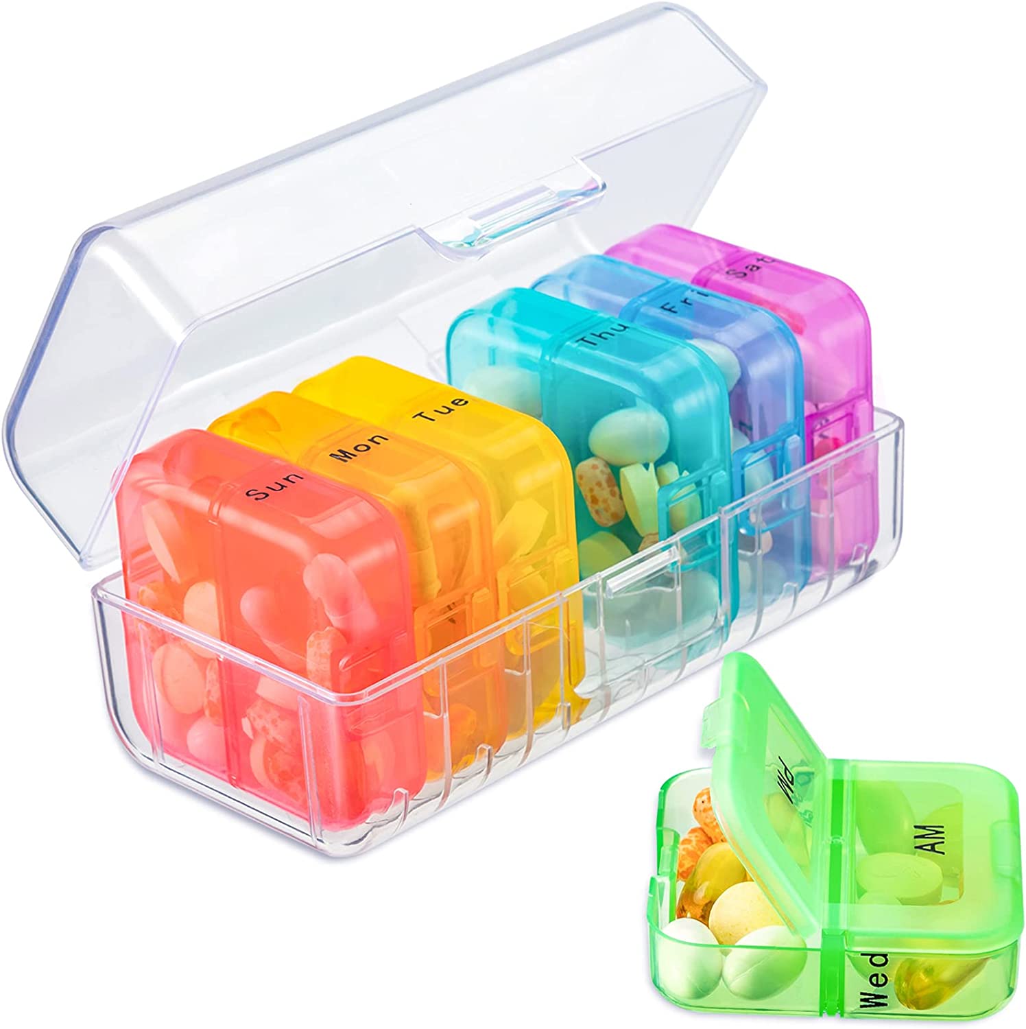 Zoksi Weekly Pill Organizer 2 Times a Day, Rainbow 7 Day Am Pm Pill Box, Daily Am Pm Pill Organizer 7 Day, Portable Vitamin Pill Case, Weekly Pill Box for Fish Oils, Vitamin, Supplement