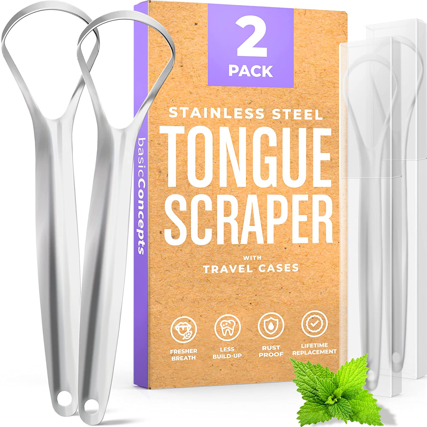 BASIC CONCEPTS Tongue Scraper (2 Pack), Reduce Bad Breath (Travel Cases Included), Stainless Steel Tongue Cleaners, 100% Metal Tongue Scrapers Fresher Breath