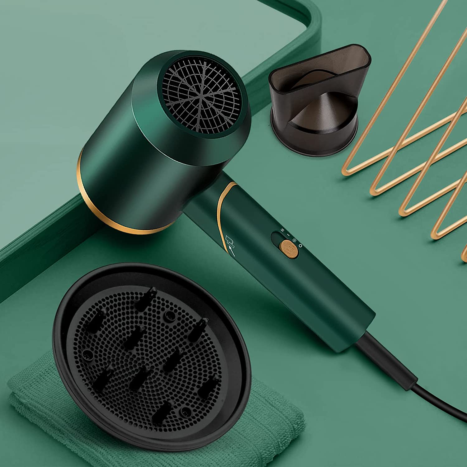 PAHETAWA Hair Dryer,1800W Travel Hair Dryer with Folding Handle, Fast Drying Compact Ionic Blow Dryer with Diffuser&Nozzle, Reduce Frizz Hair Care, Low Noise Lightweight for Home&Travel Use(Green)